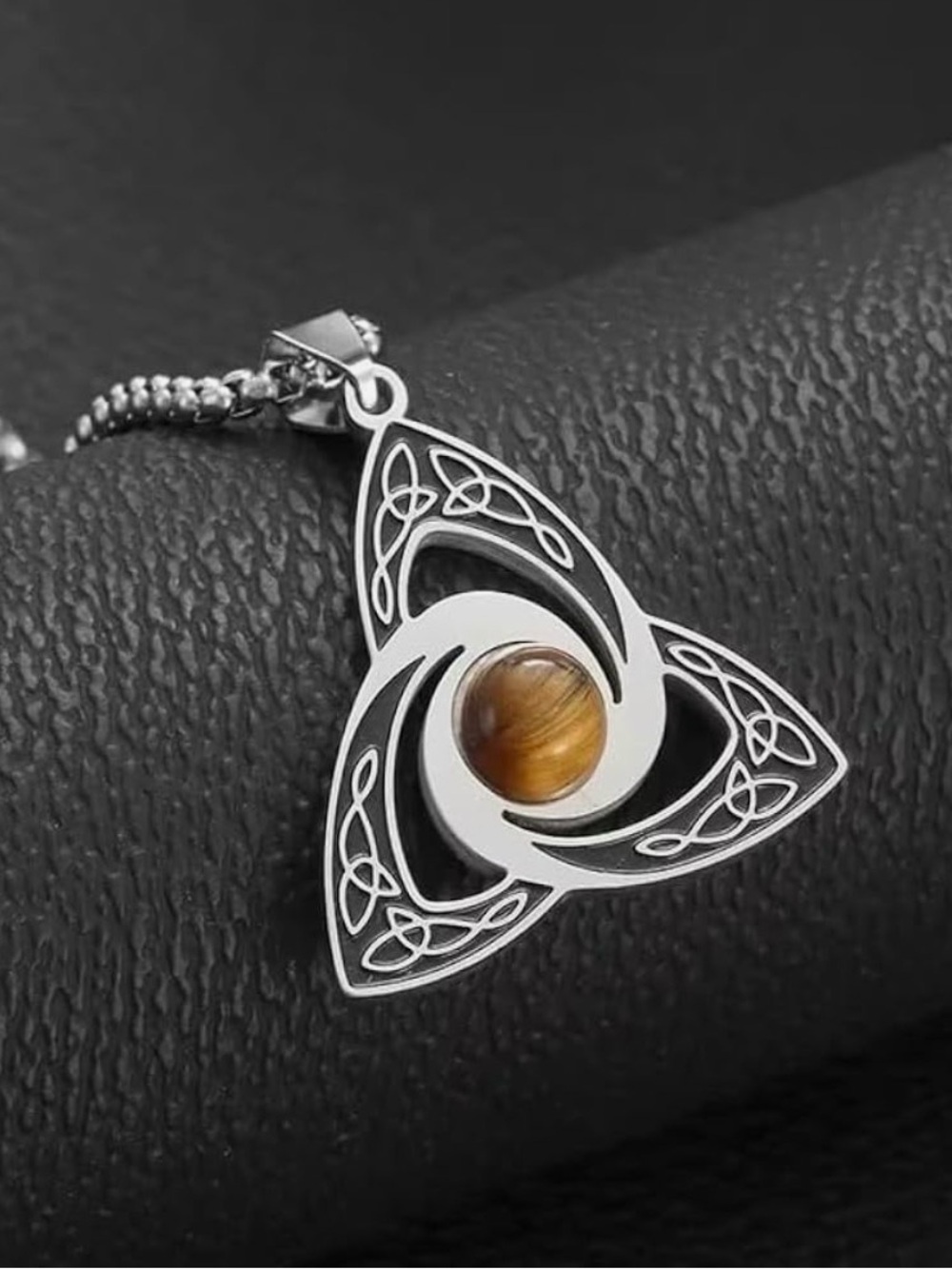 Triquetra Necklace with Brown Tiger Eye Accent. Irish Trinity Celtic Knot.